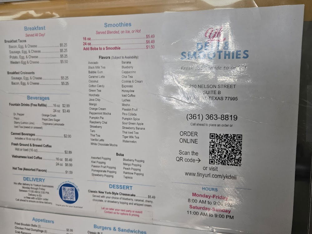 YK Donuts and Smoothies Menu